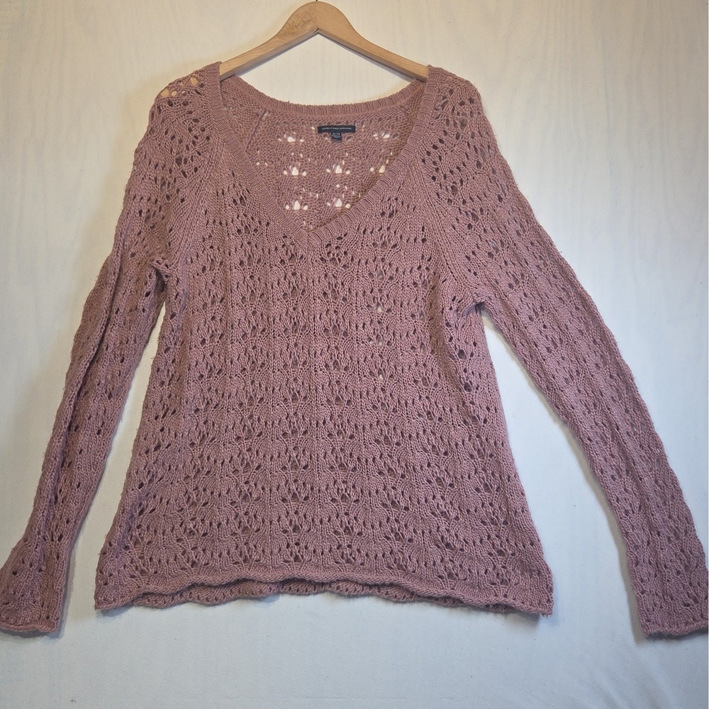 American Eagle Outfitters Womens XL Mauve Pointelle V Neck Wool Blend Sweater